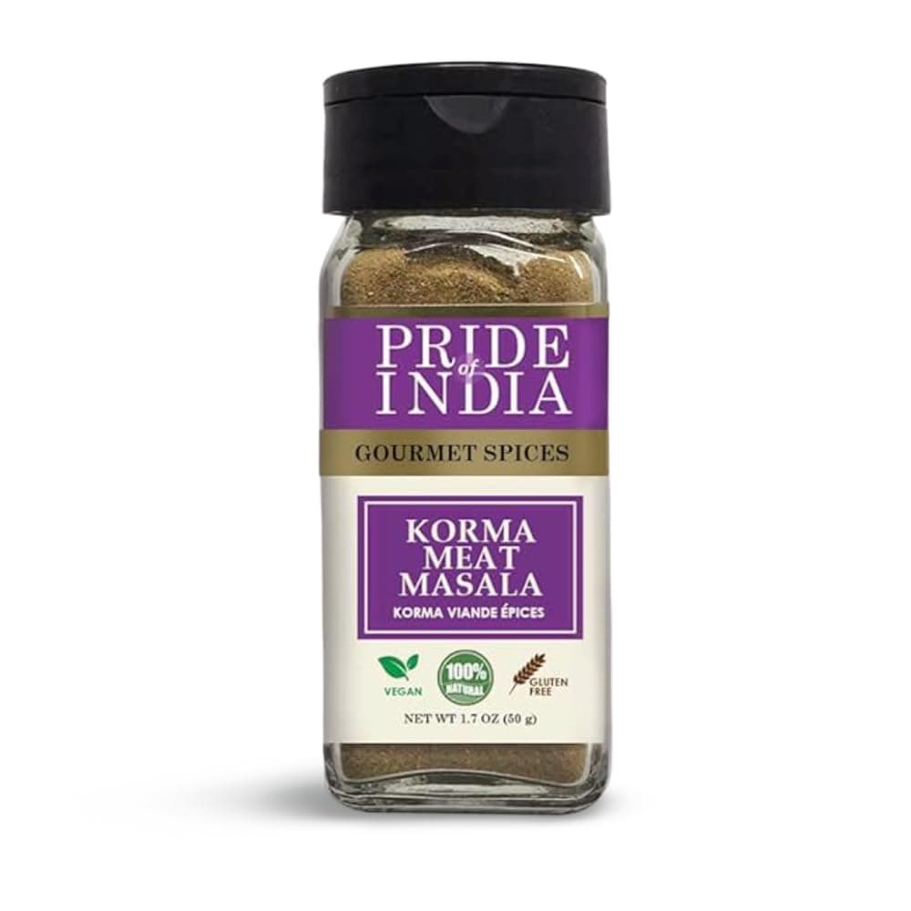 Pride of India Korma Masala for Meat & Lamb | Traditional Indian Curry Powder – Flavorful Garam Masala Blend | Authentic Tikka Masala Style Indian Spices | Easy to Use | 1.7 oz. Small Dual Sifter Bott