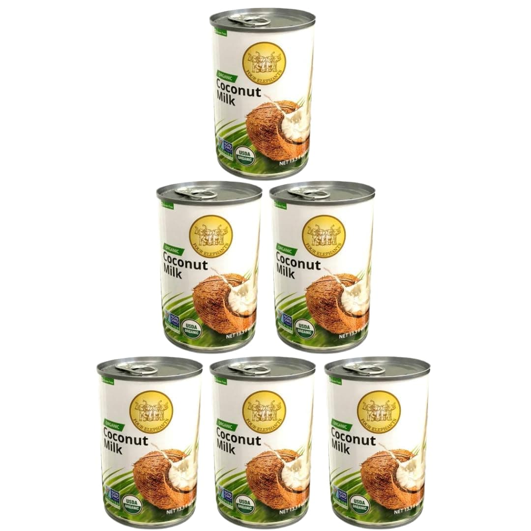 Four Elephants Unsweetened Organic Coconut Milk -13.5 Fl Oz (Canned Pack of 6) - Non-GMO, Gluten Free, USDA Organic, Kosher Certified, Easy Lid Opener