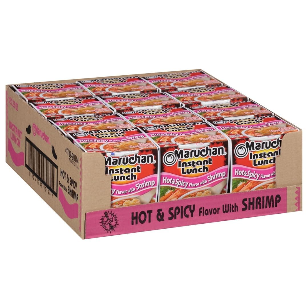 Maruchan Instant Lunch Ramen Noodles, Hot & Spicy Shrimp Flavor – Japanese-Style Instant Noodle Soup, Easy Meal Ready in 3 Minutes – 2.25 Oz. (12 Pack)