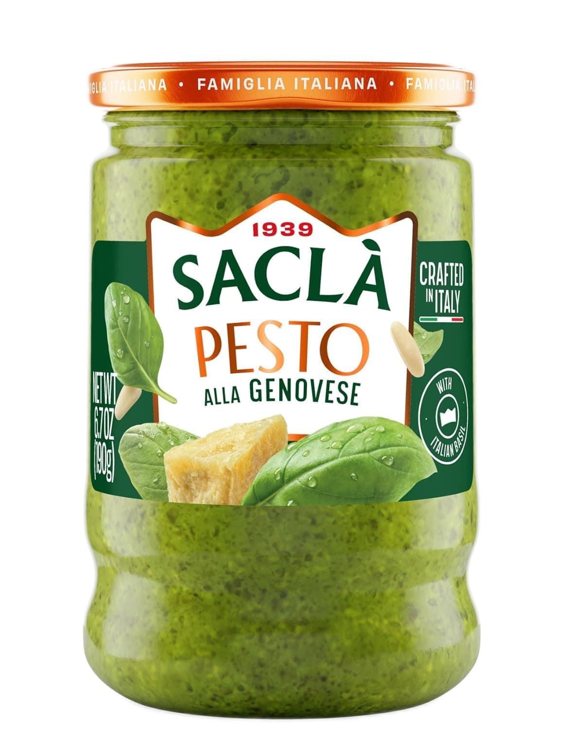 SACLA Basil Pesto alla Genovese | Pesto Sauce made from Fresh Italian Basil & Cashews | 6.7 oz Glass Jar | Non-GMO, Plant-Based | Imported from Italy