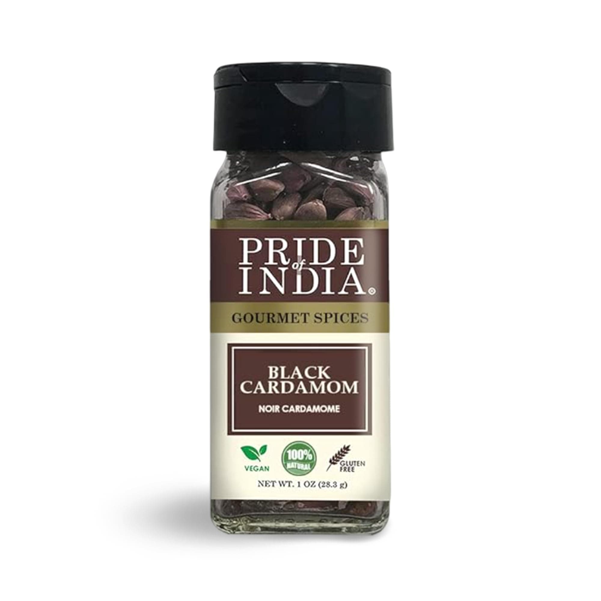 Pride of India Black Cardamom Pods 1 oz | Whole Black Cardamom Spice for Biryani, Curry, Stew & Garam Masala | Smoky Aromatic Elaichi for Indian & Asian Cooking | Dual Sifter Bottle