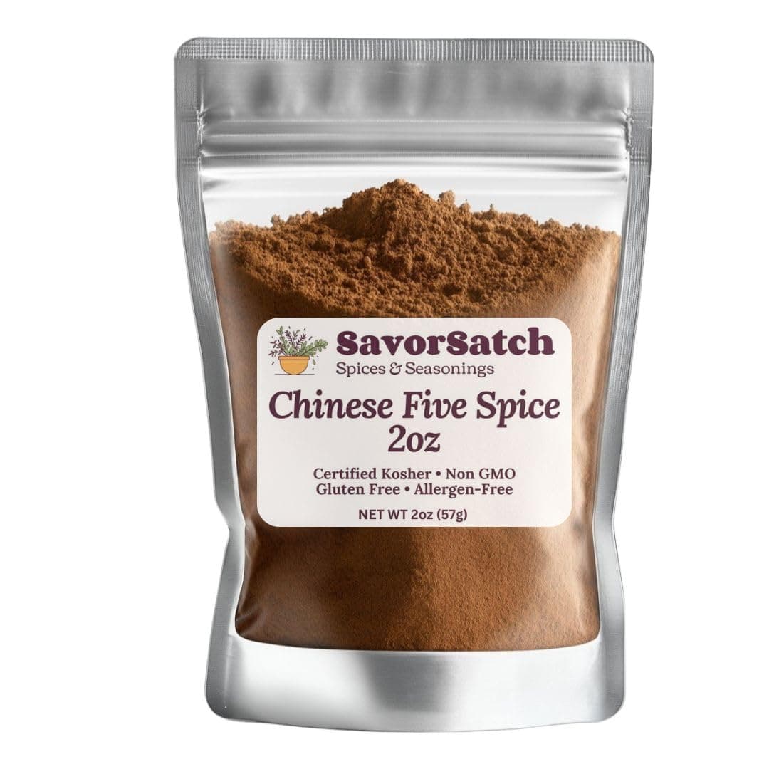 SavorSatch Chinese Five Spice Seasoning – 2 oz Resealable Pouch | Authentic Asian Spice Blend | Kosher, Non-GMO, Allergen Free | Sweet & Savory Flavor for Stir Fry, Duck, Pork, Marinades & Chinese Coo