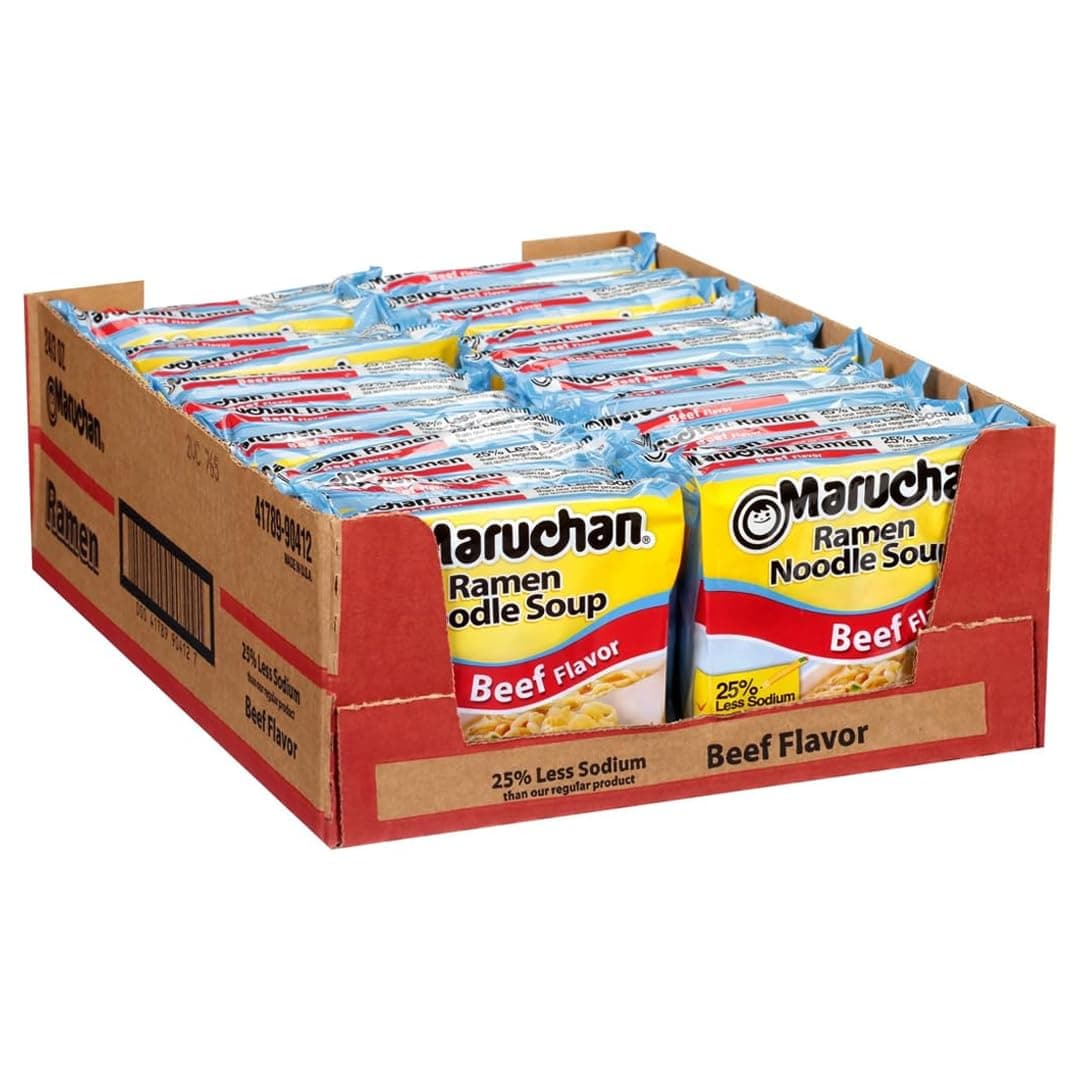 Maruchan Ramen Noodle Soup, Less Sodium Beef Flavor – Japanese-Style Instant Noodles, Quick & Easy Meal for Students & Busy Families – 3 Oz. (24 Pack)