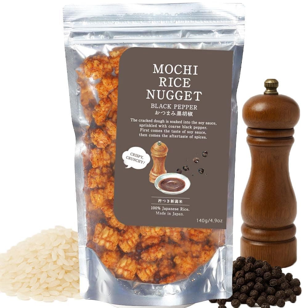 Mochi Rice Nuggets – Japanese Rice Crackers, Rice Crispy Treats, Japanese Snacks, No MSG, No Artificial Colors or Preservatives, Made in Japan, arare rice crackers, Beer snacks, Black pepper flavor 4.