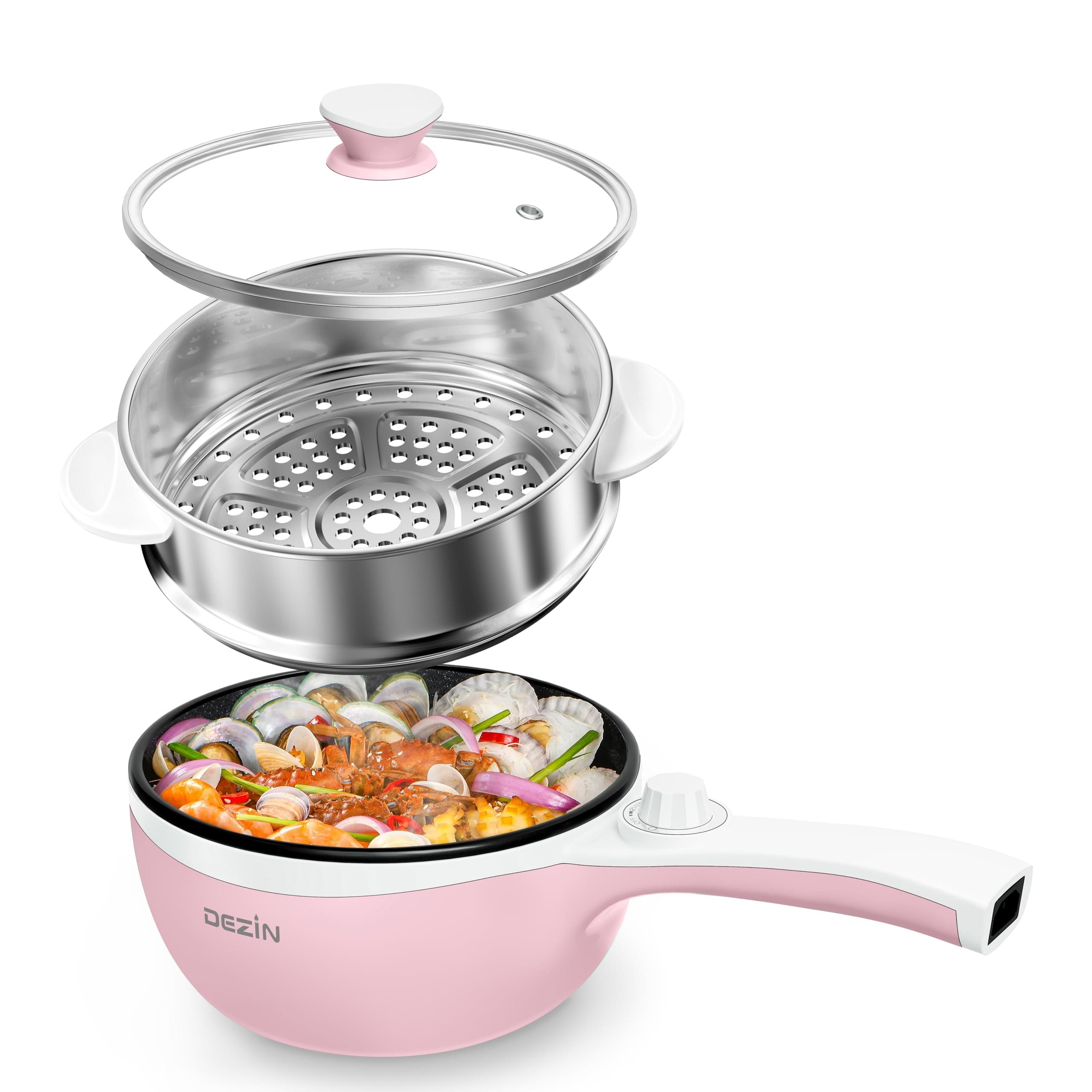 Dezin Hot Pot Electric with Steamer Upgraded, Non-Stick Sauté Pan, Rapid Noodles Electric Pot, 1.5L Mini Pot for Steak, Egg, Fried Rice, Ramen, Oatmeal, Soup with Power Adjustment