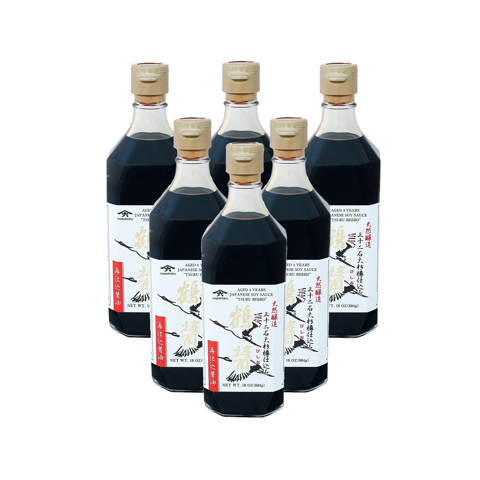 Yamaroku Shoyu Pure Artisan Dark Sweet Japanese Premium Gourmet Barrel Aged 4 Year Soy Sauce "Tsuru Bishio", 18oz (532ml) - 6 Pack