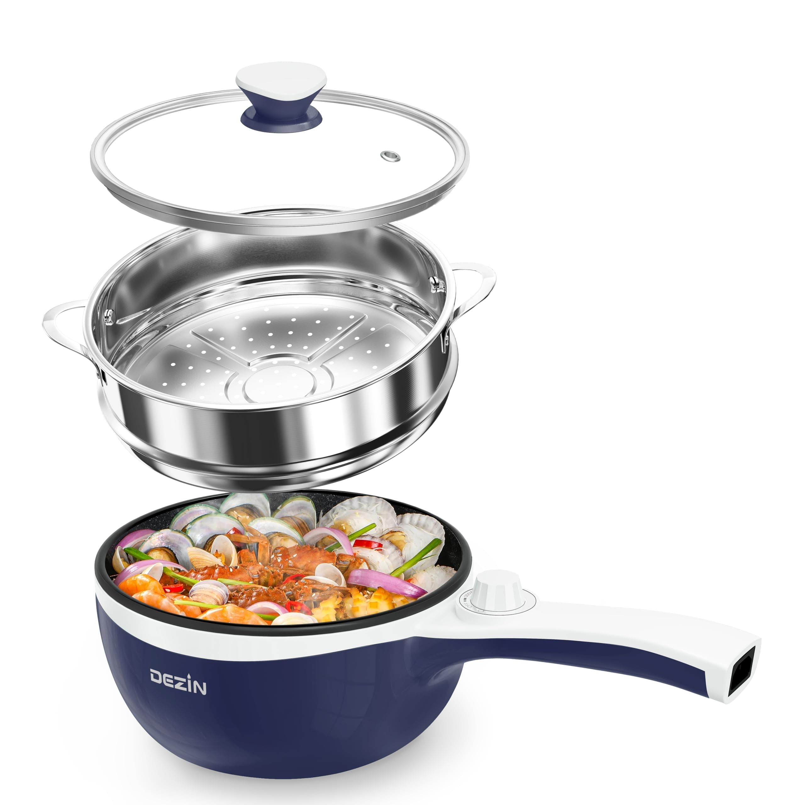 Dezin Hot Pot Electric with Steamer Upgraded, Non-Stick Sauté Pan, Rapid Noodles Electric Pot, 1.5L Mini Pot for Steak, Egg, Fried Rice, Ramen, Oatmeal, Soup with Power Adjustment