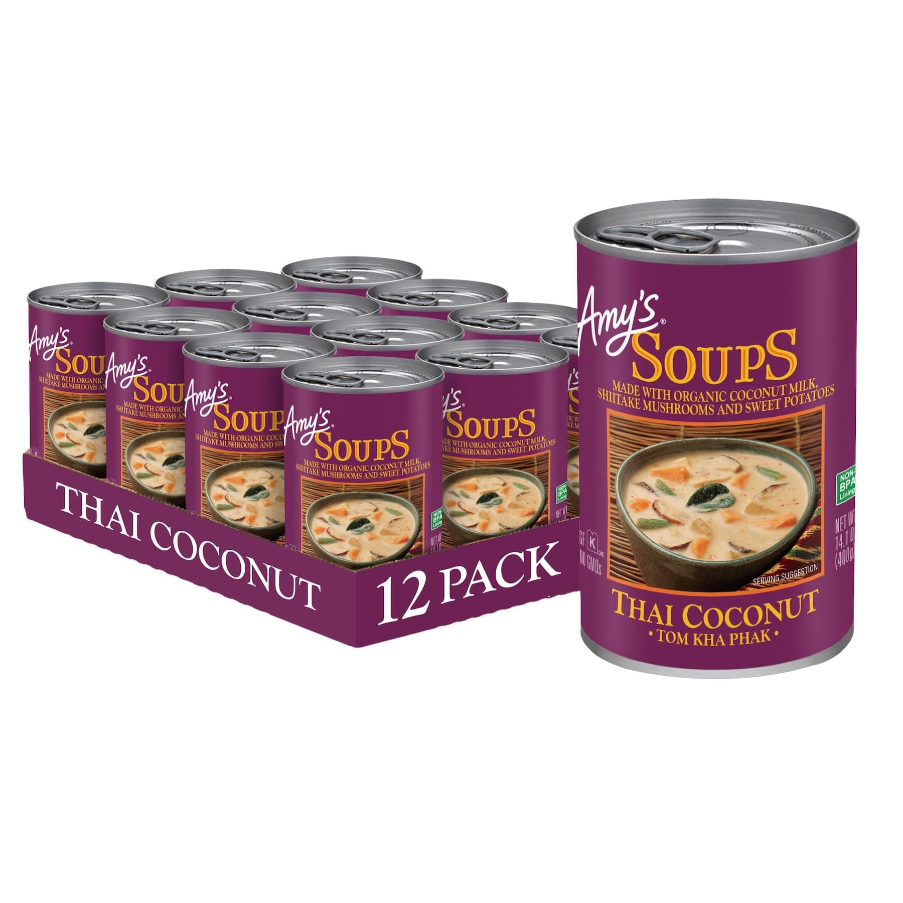 Amy's, Vegan Thai Coconut Soup, Tom Kha Phak, Gluten Free, Made With Organic Coconut Milk & Sweet Potatoes, Canned Soup, 14.1 Oz (12 Pack)