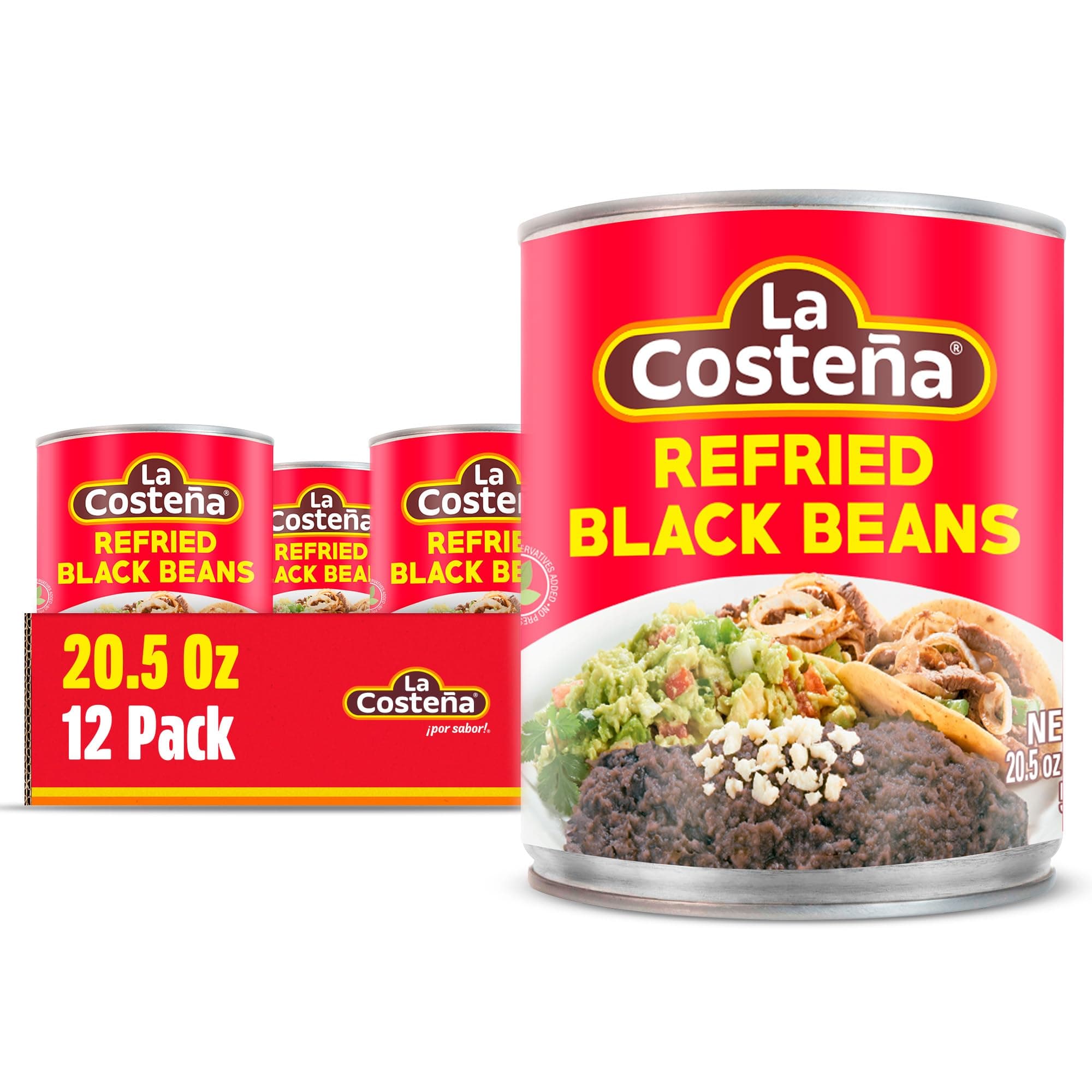 La Costeña Refried Black Beans - Ready-to-Eat Canned Refried Beans for Mexican Food, Mexican Rice, Nacho Bean Dip, Bean Burrito, Burger, Carne Asada, Fajita & Taco Seasoning - 20.5oz, 12 Pack Cans