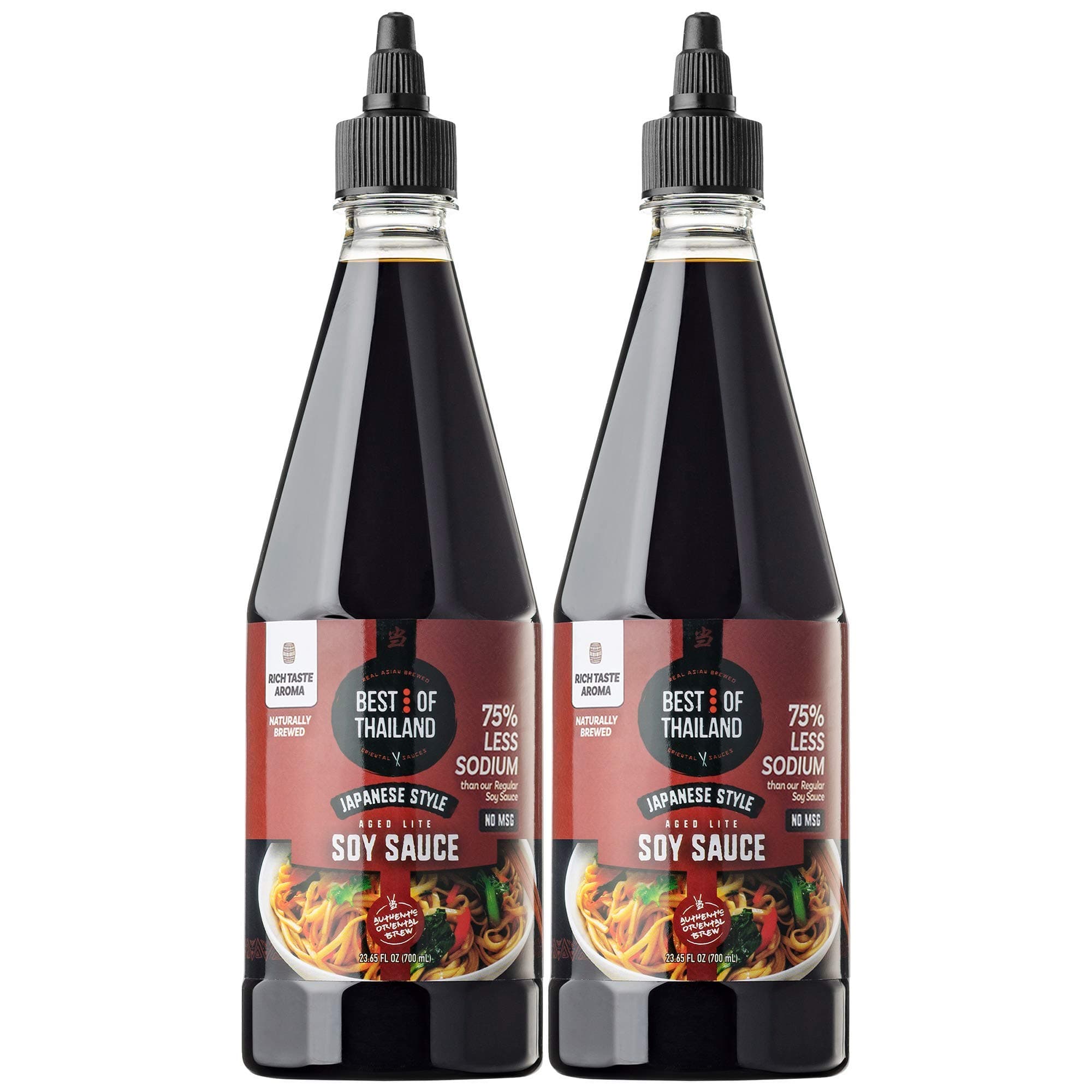 Best of Thailand Japanese Soy Sauce | Japanese Style Barrel Aged Lite Dark Soy Sauce | 2 Bottles of 23.65oz Real Authentic Asian-Brewed Marinade Sauce & Glaze for Sushi | No MSG 75% Less Sodium