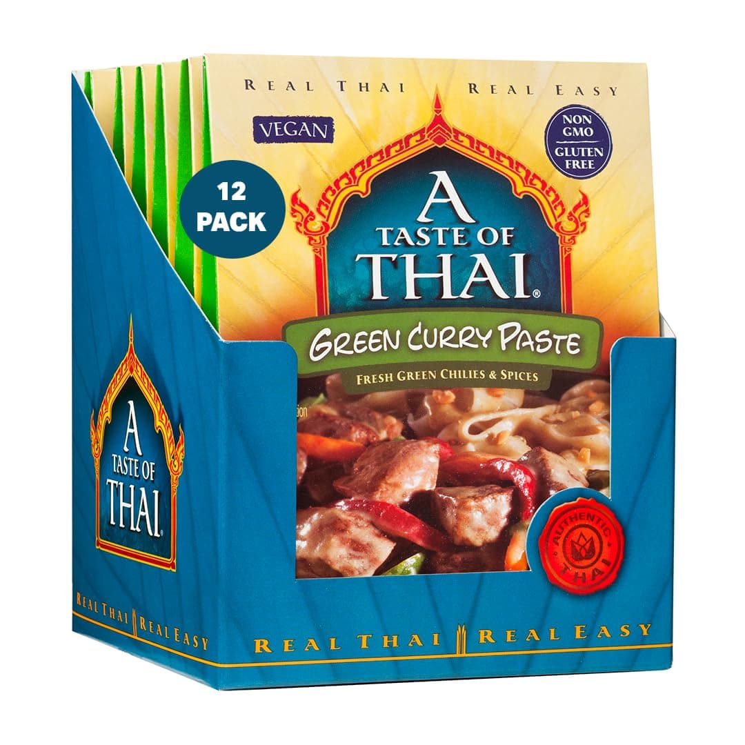A Taste of Thai Green Curry Paste – Authentic & Natural Ready-to-Use Thai Curry Paste – Vegan, Gluten‑Free & Non‑GMO – Spicy, Fresh Flavor for Curries, Stir‑Fries, Soups & Dips - 1.75 oz (Pack of 12)