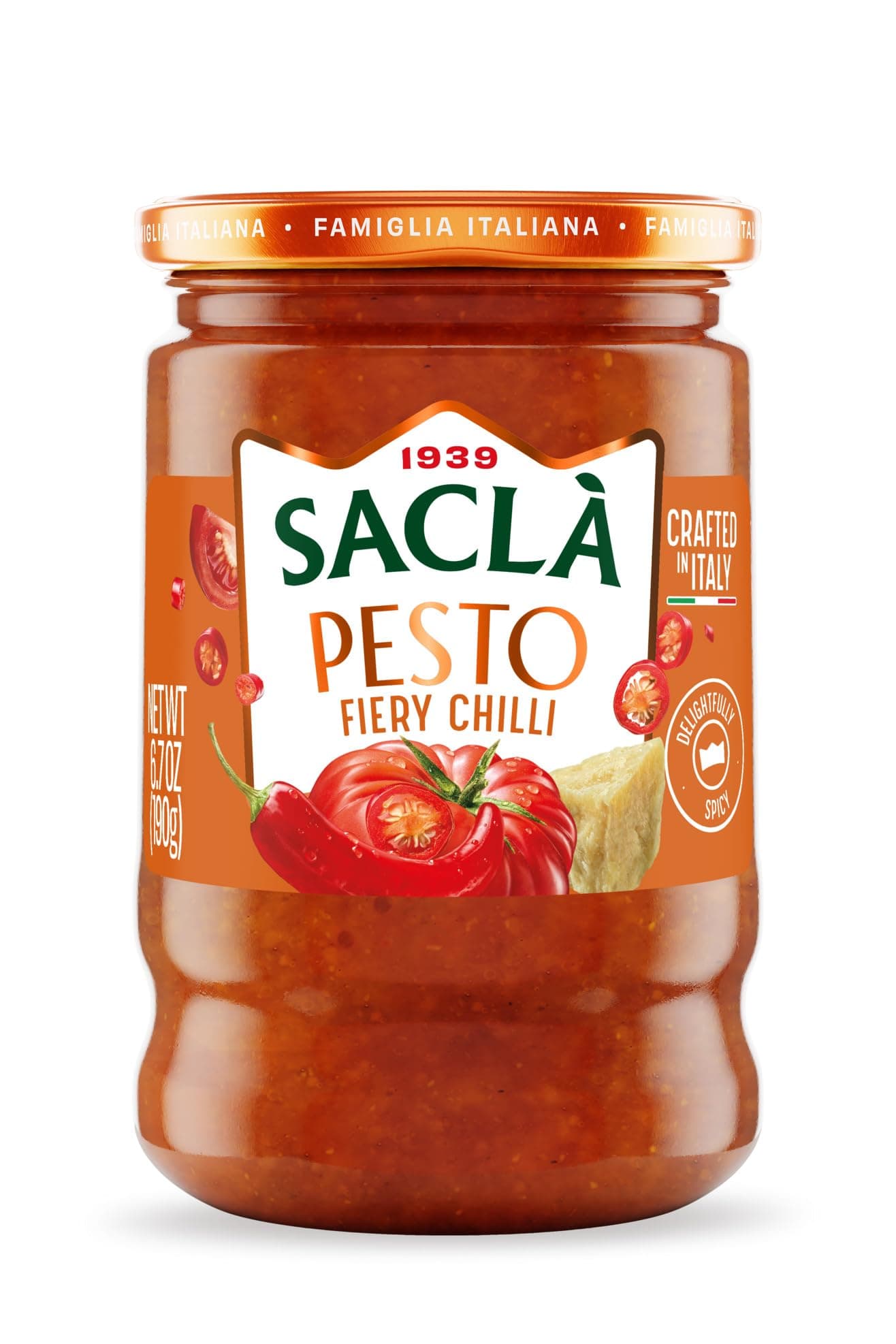SACLA Chili Pesto | Hot & Spicy Italian Pesto Sauce with Red Chili Peppers & Tomatoes | 6.7 oz Jar – Non-GMO, Vegetarian | Imported from Italy