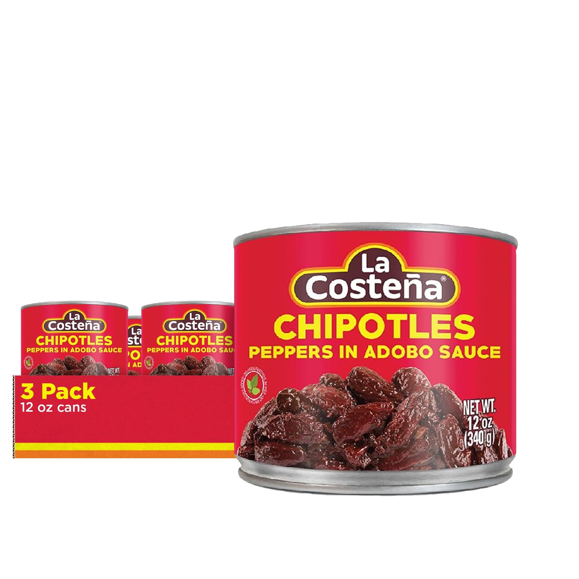La Costeña Chipotle Peppers in Adobo Sauce - Smoked Spicy Peppers Chipotle in Adobo Sauce - Mexican Food, Taco, Enchiladas & Salsa - Hot Pickled Vegetables - 12oz, 3 Pack Canned Vegetables
