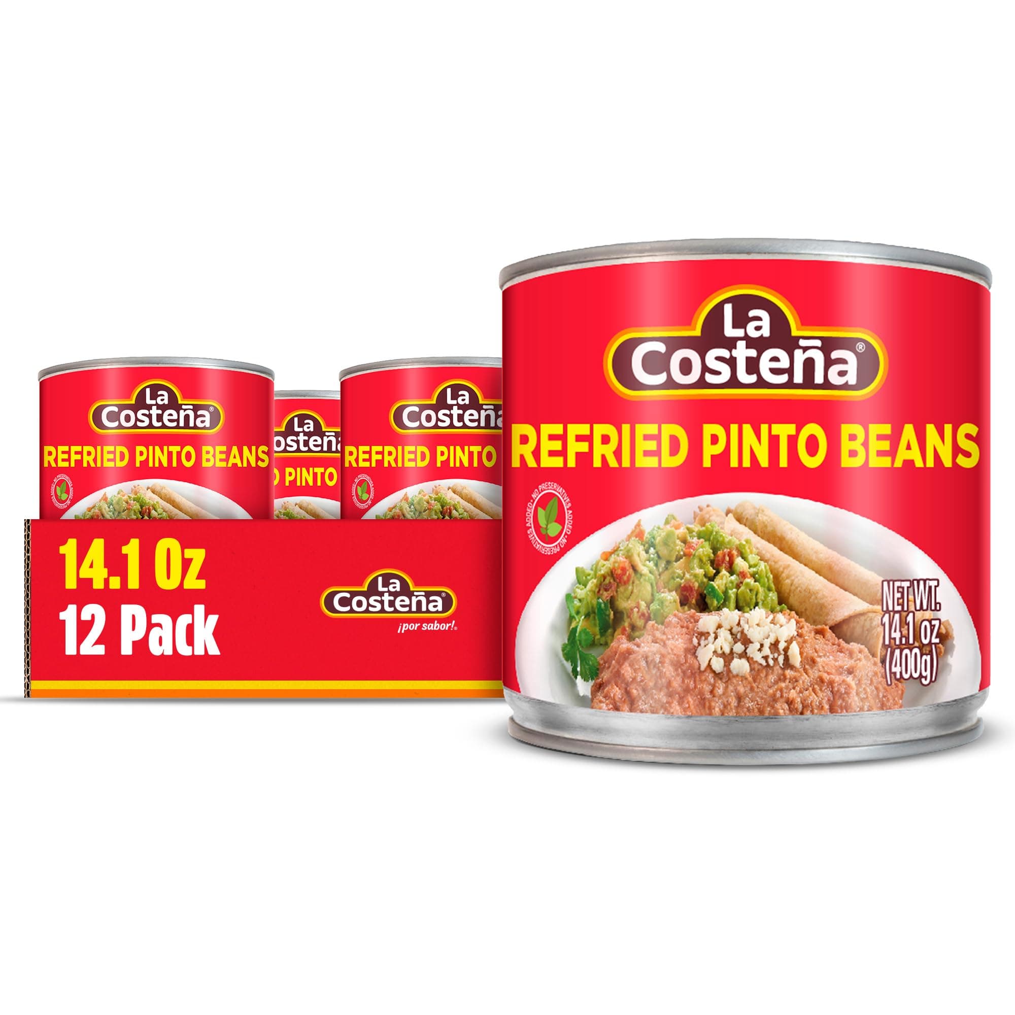 La Costeña Refried Pinto Beans - Ready-to-Eat Canned Refried Beans for Mexican Food, Mexican Rice, Nacho Bean Dip, Bean Burrito, Carne Asada, Fajita & Taco Seasoning - 14.1oz, 12 Pack Canned Food