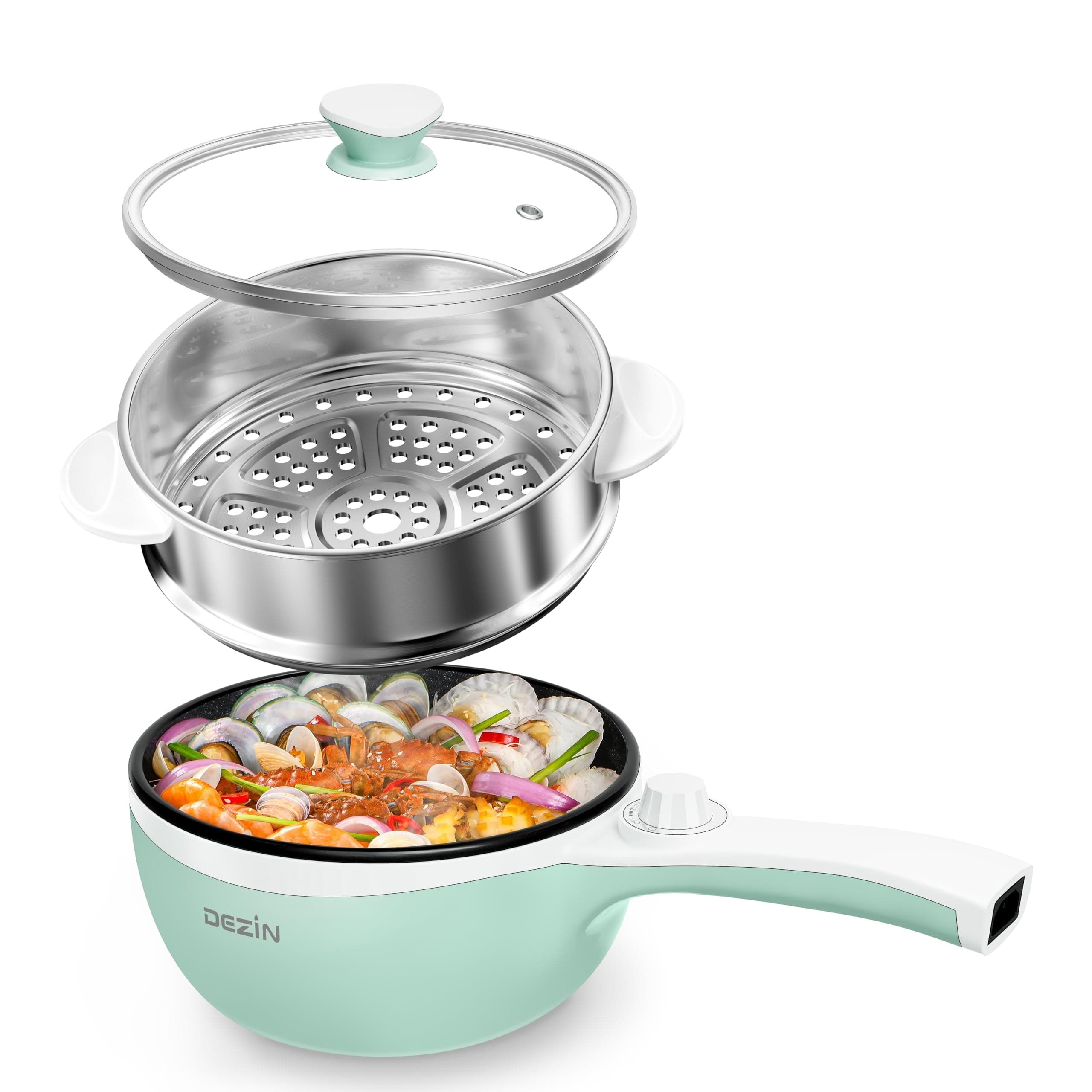 Dezin Hot Pot Electric with Steamer Upgraded, Non-Stick Sauté Pan, Rapid Noodles Electric Pot, 1.5L Mini Pot for Steak, Egg, Fried Rice, Ramen, Oatmeal, Soup with Power Adjustment