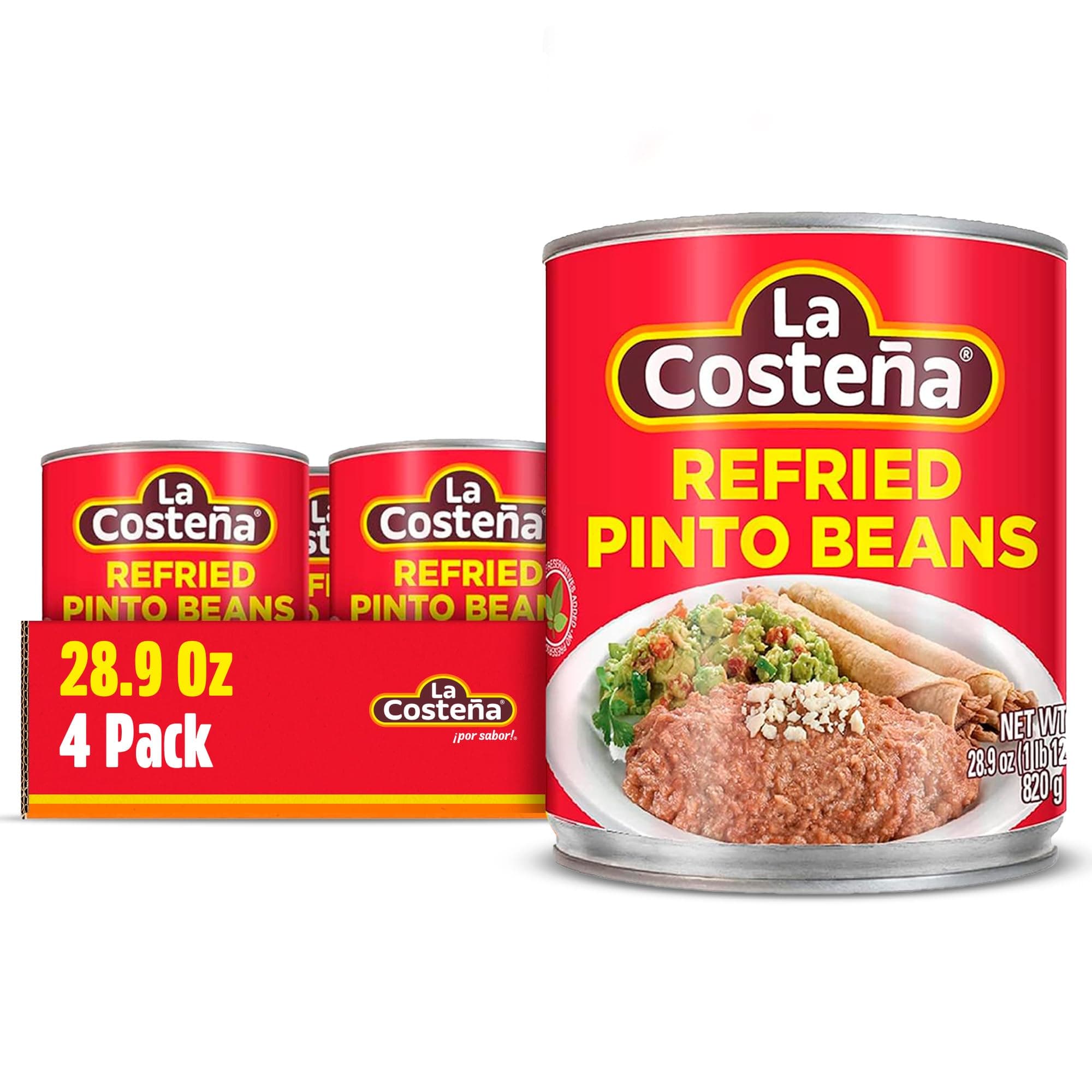 La Costeña Refried Pinto Beans - Ready-to-Eat Canned Refried Beans for Mexican Food, Mexican Rice, Nacho Bean Dip, Bean Burrito, Carne Asada, Fajita & Taco Seasoning - 28.9oz, 4 Pack Canned Food