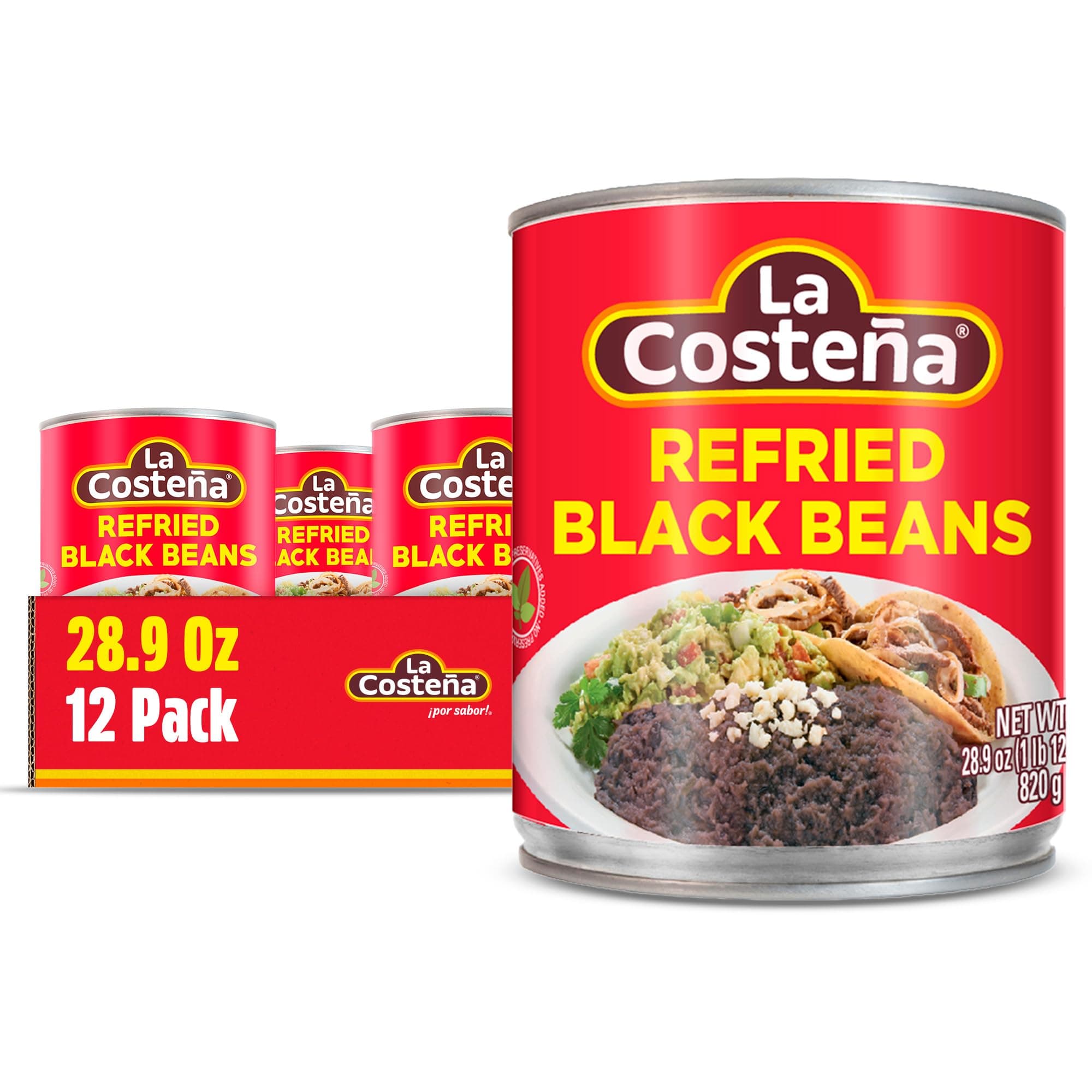 La Costeña Refried Black Beans - Ready-to-Eat Canned Refried Beans for Mexican Food, Mexican Rice, Nacho Bean Dip, Bean Burrito, Burger, Carne Asada, Fajita & Taco Seasoning - 28.9oz, 12 Pack Cans