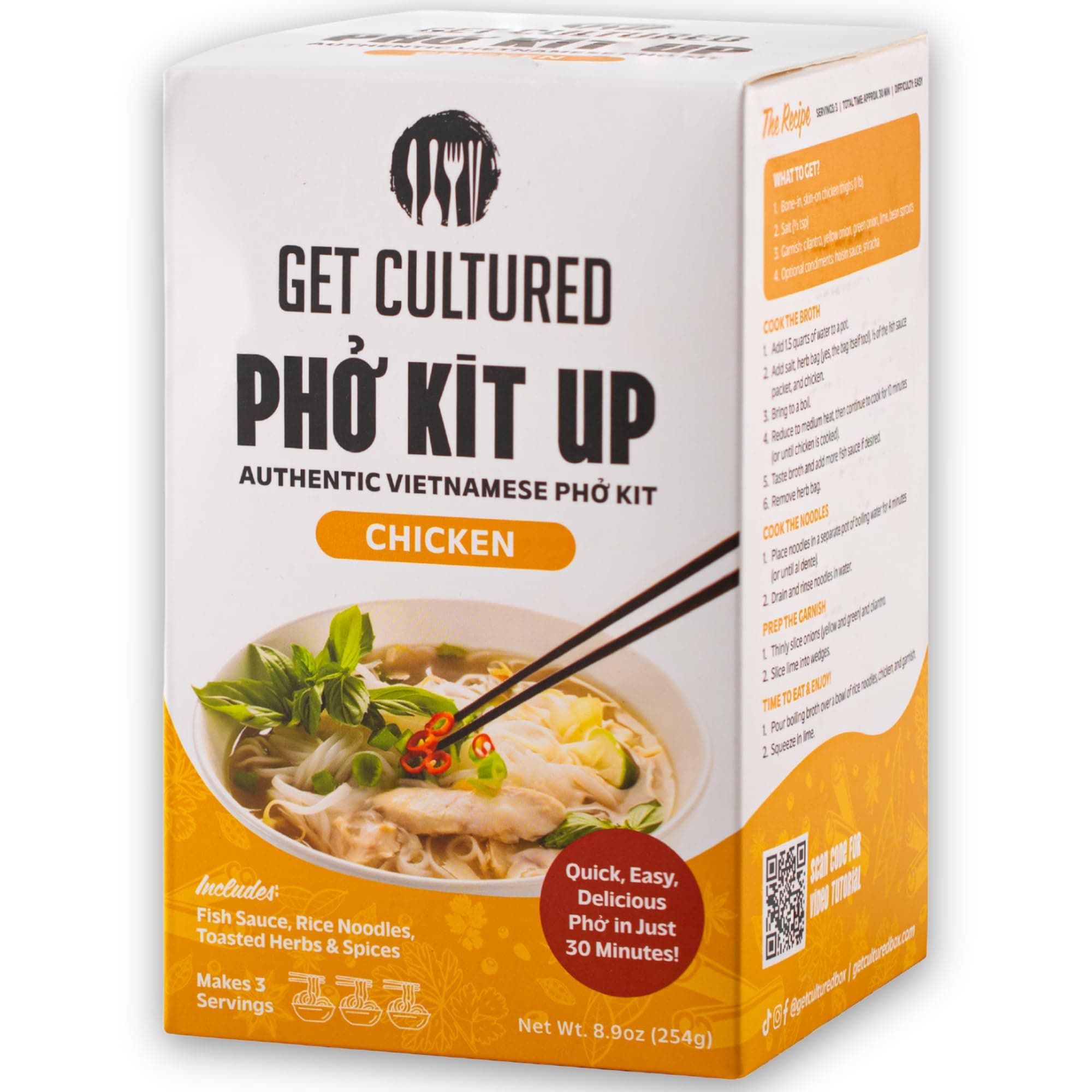 Get Cultured Box Chicken Pho Kit – Authentic Vietnamese Pho Broth Base With Spice Bag, Rice Noodles, Fish Sauce Seasoning & Condiments – Enjoy Authentic Vietnamese Noodle Soup at Home, 8.9 oz (3 Servi