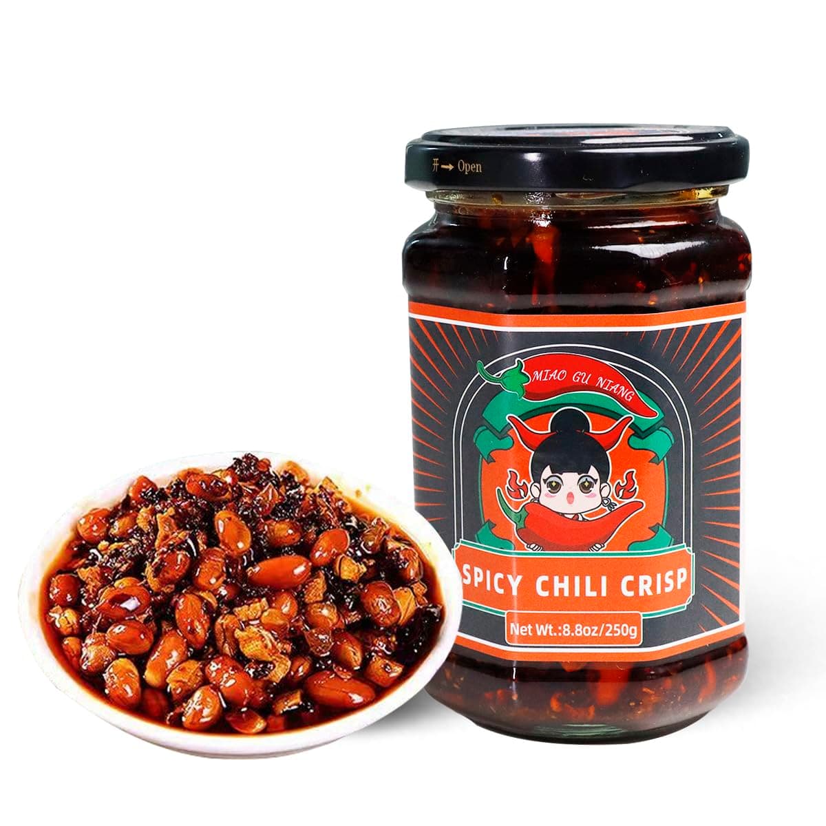 MIAOGUNIANG Spicy Chili Crisp Hot Sauce Include Soybean, peanut and Tofu, Chinese Chili Crisp Oil, All-Natural Chili Crunch Oil, Perfect for Noodles, Meats, Veggies, and Dumplings 8.8oz/250g