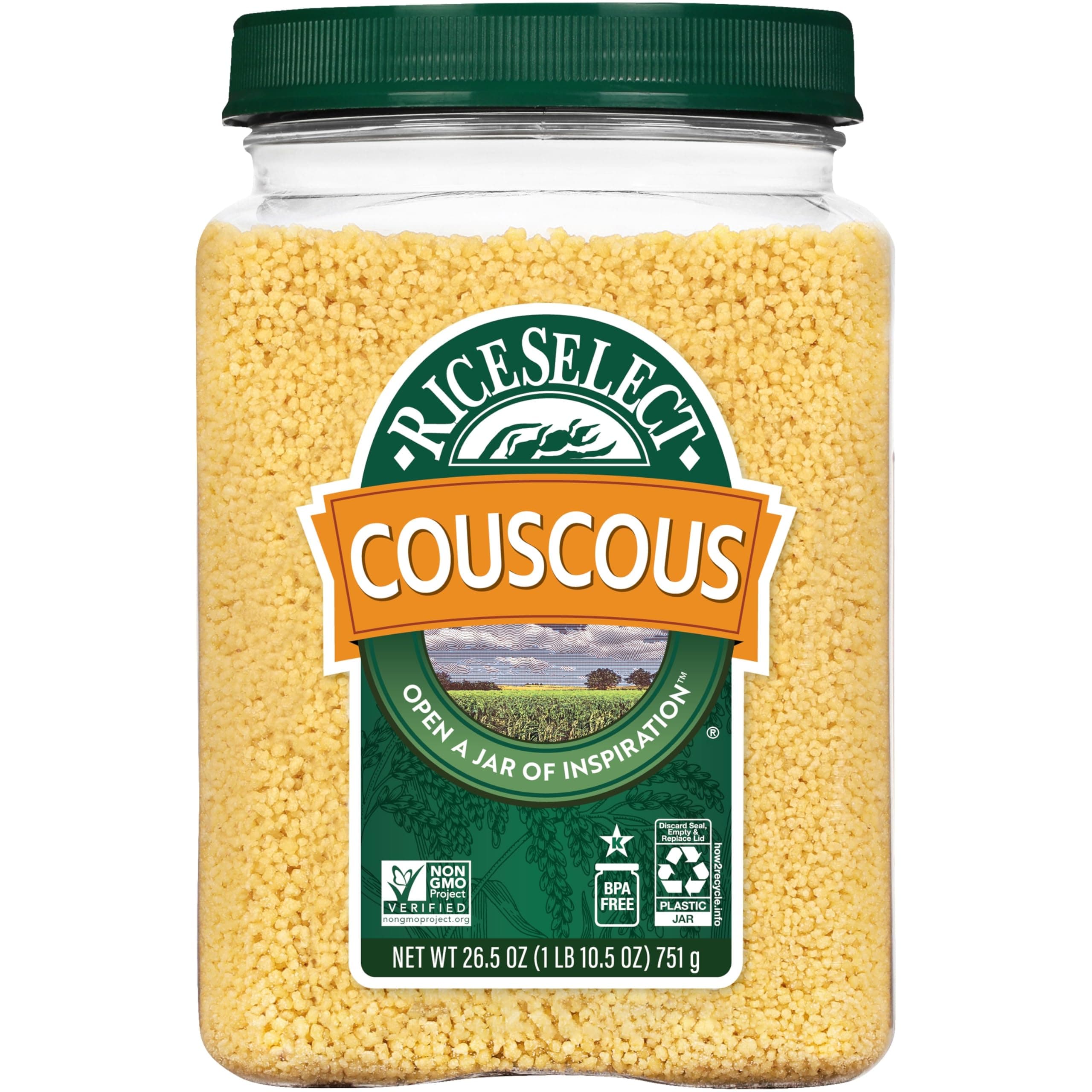 RiceSelect Couscous, Premium Moroccan-Style Wheat Couscous, Non-GMO, Kosher, 26.5oz Jar (Pack of 1)