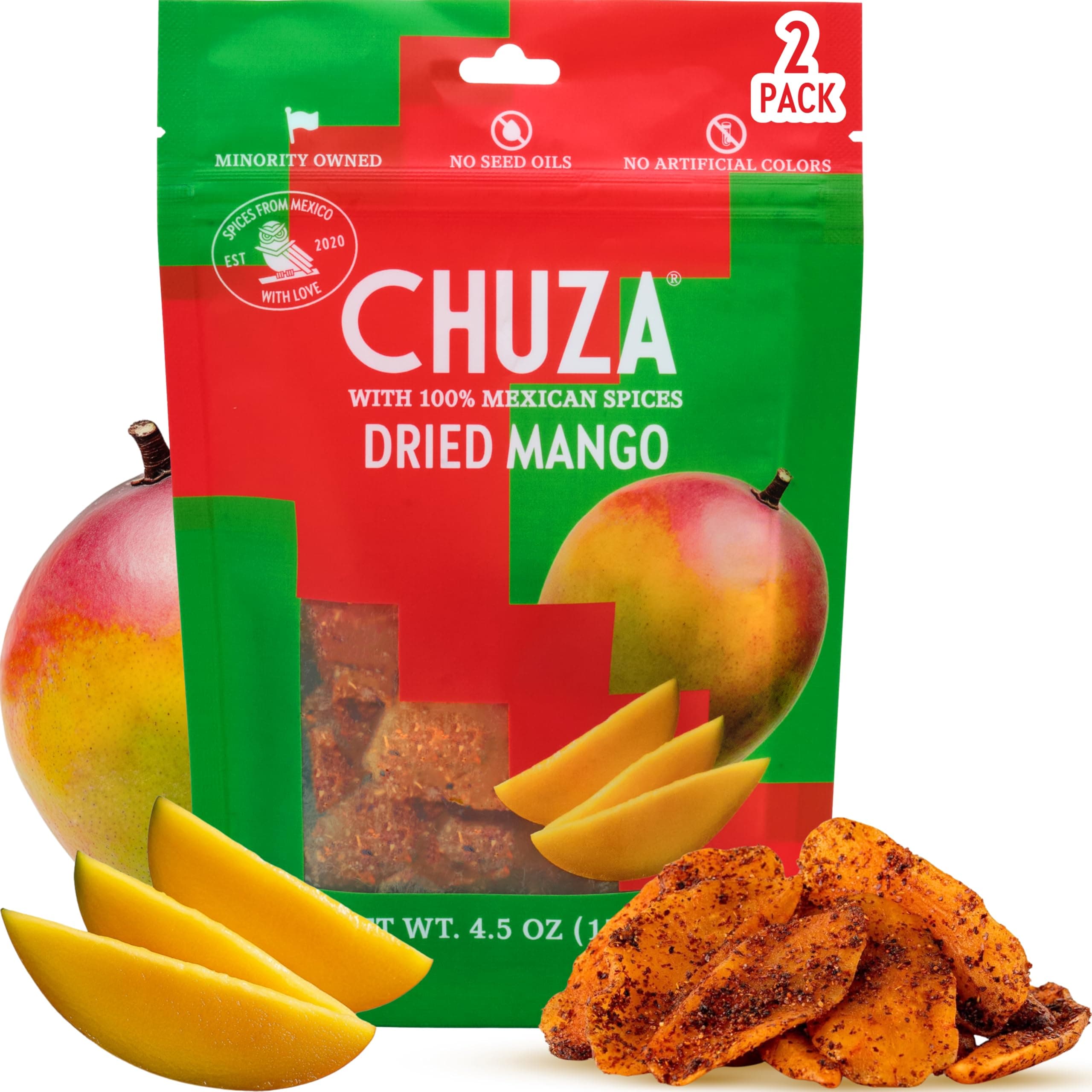 CHUZA Spicy Dried Mango Snacks Bites (4.5 oz. Pack of 2) – Mexican Candy Style Sweet Chili Dried Mango, with Chili Seasoning, Chili Powder, Dried Fruit Snacks, Spicy Snacks