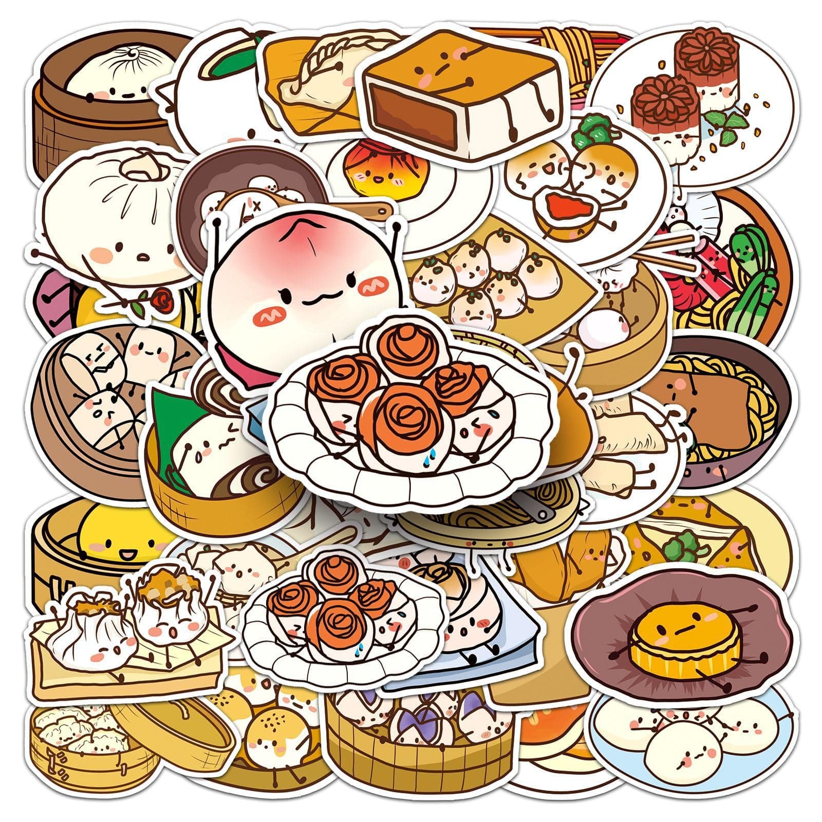 50Pcs Chinese Food Stickers Tangyuan Noodles Buns Dumplings Chinese Waterproof Vinyl Water Bottle Decals for Laptop, Phone, Scrapbook, Suitcase, Cup, Skateboard, Guitar DIY Decorations (Chinese Food)