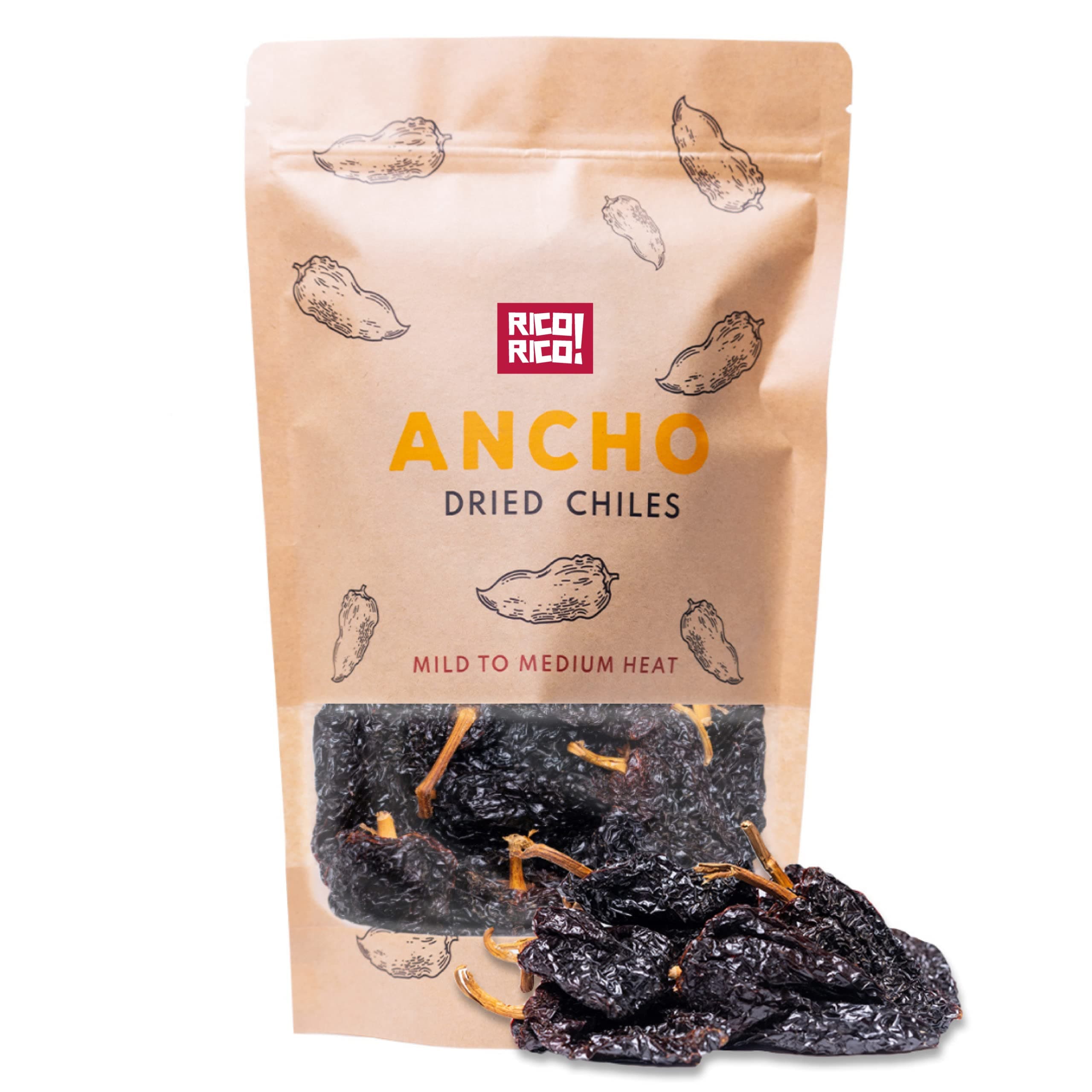 RICO RICO - Dried Ancho Chiles, 4 Oz - Premium Dried Chiles, Great for Birria Sauce, Mexican Mole, Enchiladas, Salsas, Pozole, Mild to Medium Heat, Sweet & Smoky Flavor. 100% Natural Dried Chili Peppe