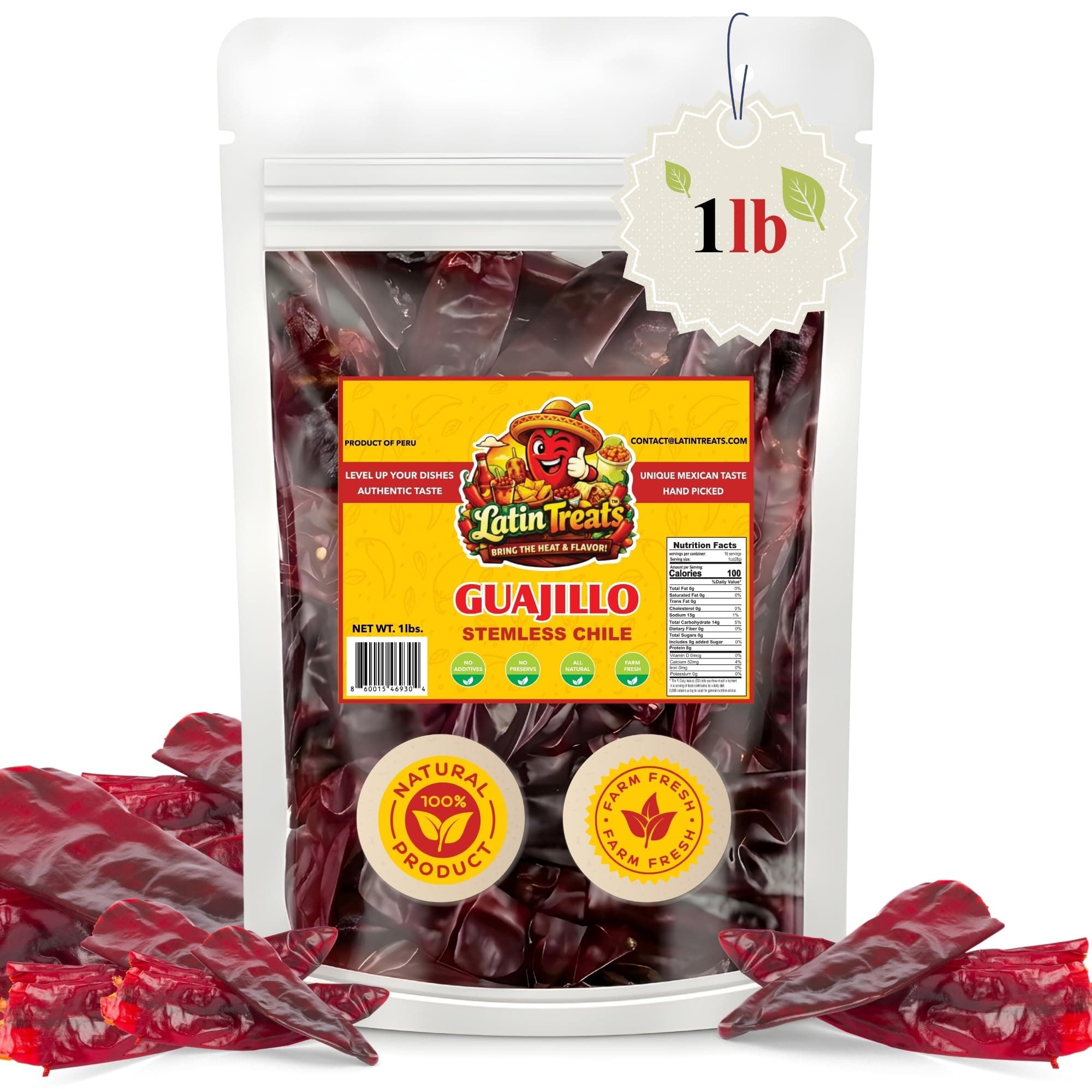 Latin Treats Guajillo Chiles 16 oz (1 LB) – Whole Dried Guajillo Peppers from Peru - Mild Heat Dried Peppers Chili for Birria, Enchilada Sauce, Mole, Salsa Roja & Pozole – Authentic Mexican Cooking