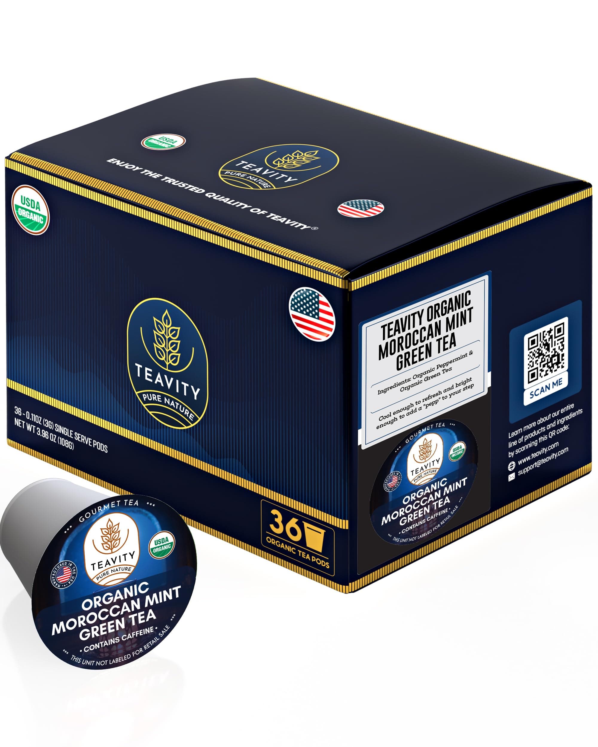 Organic Moroccan Mint Tea and Green Tea Pods for Keurig - Caffeinated Unsweet Tea for K Cup Brewing by Teavity (36 Tea Pods)