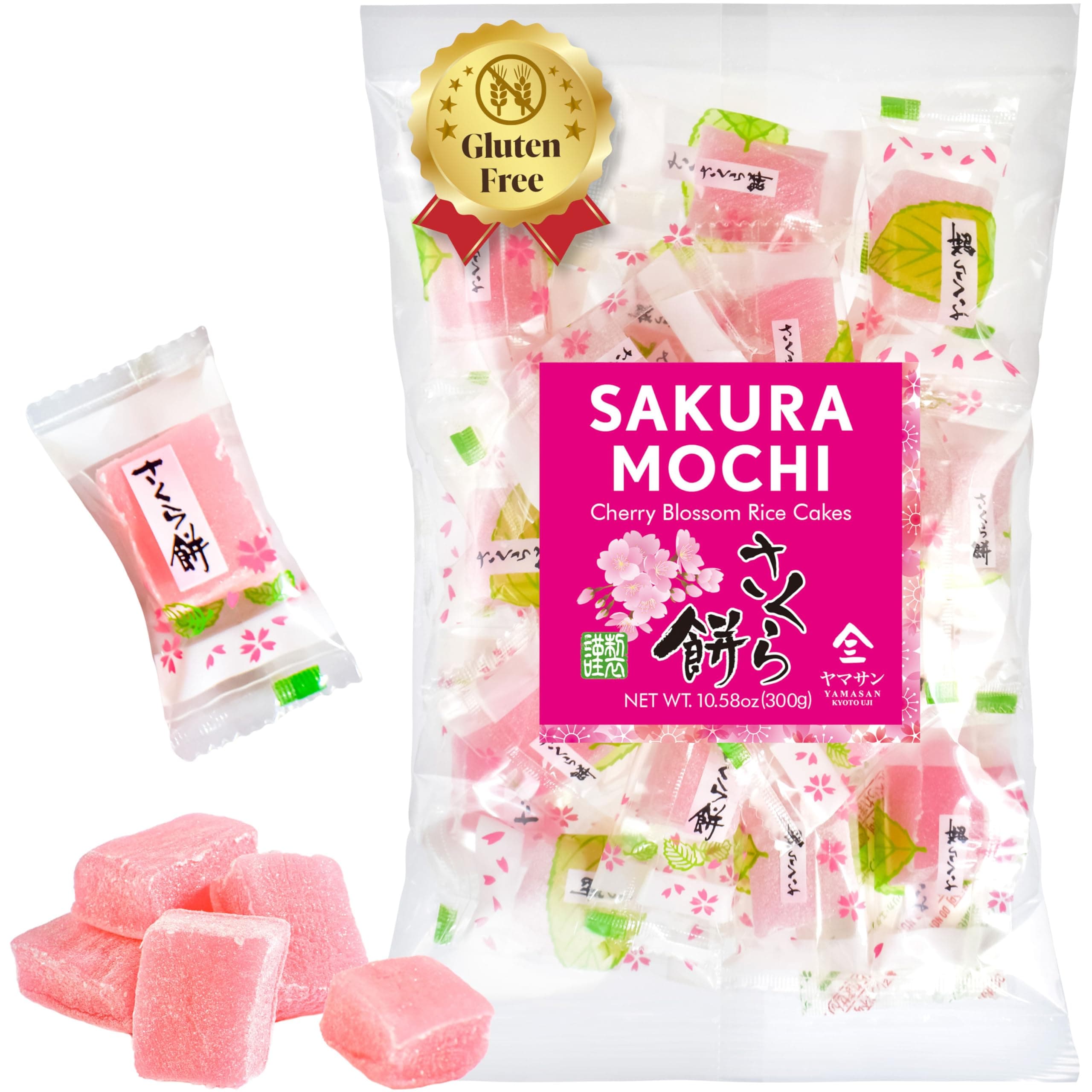 YAMASAN KYOTO UJI Japanese Sakura Mochi Candies, Real Traditional Cherry blossom Rice Cakes, 300g/10.58oz, Japanese Snacks, Japanese Candy, Individually Wrapped
