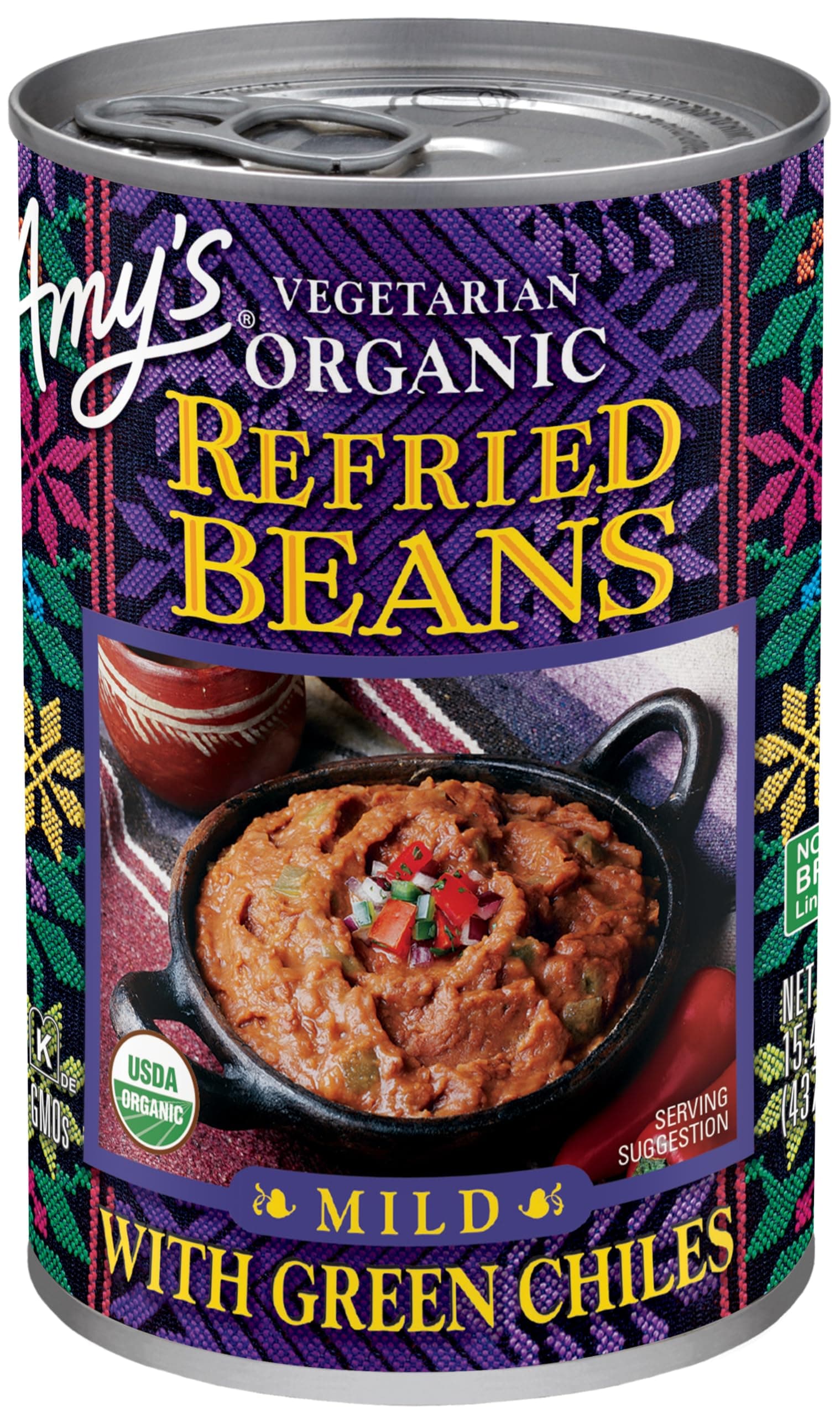 Amy's Organic Refried Beans Canned, Mild with Green Chiles, Vegan Gluten Free and Vegetarian, 15.4 Oz (12 Pack)