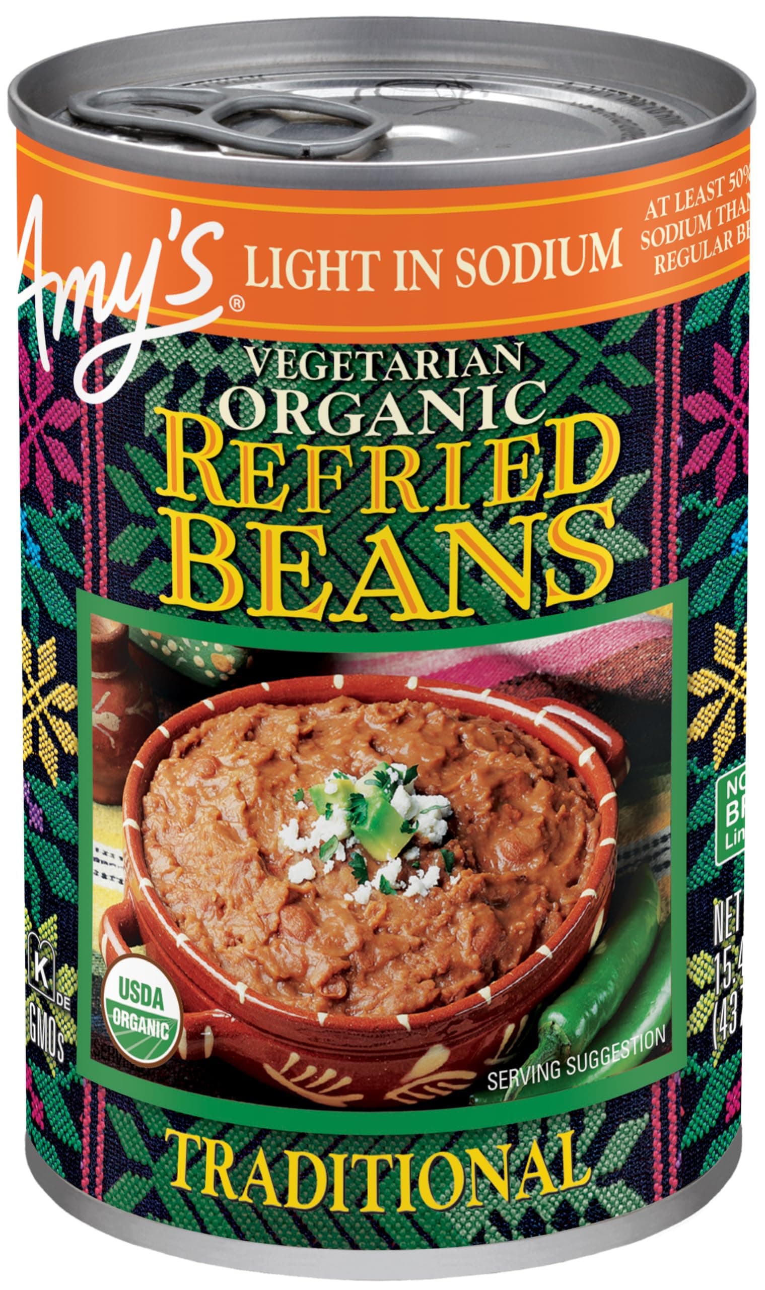 Amy's Organic Refried Beans Canned, Traditional Beans Light in Sodium, Vegan Gluten Free and Vegetarian, 15.4 Oz (12 Pack)