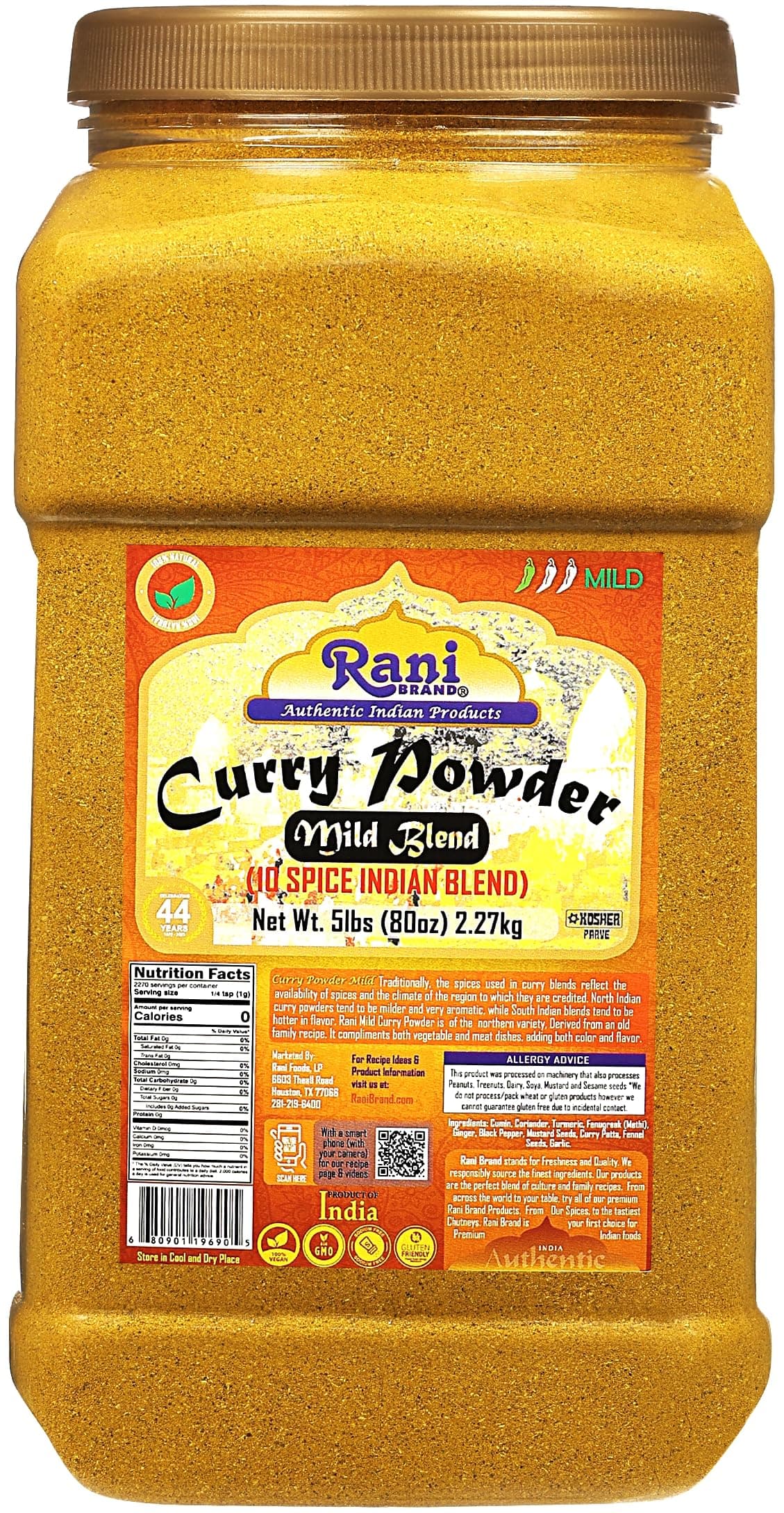 Rani Curry Powder Mild (10-Spice Authentic Indian Blend) 5lbs (2.27kg) PET Jar ~ All Natural | Salt-Free | NO Chili or Peppers | Vegan | No Colors | Gluten Friendly | NON-GMO | Kosher | Indian Origin