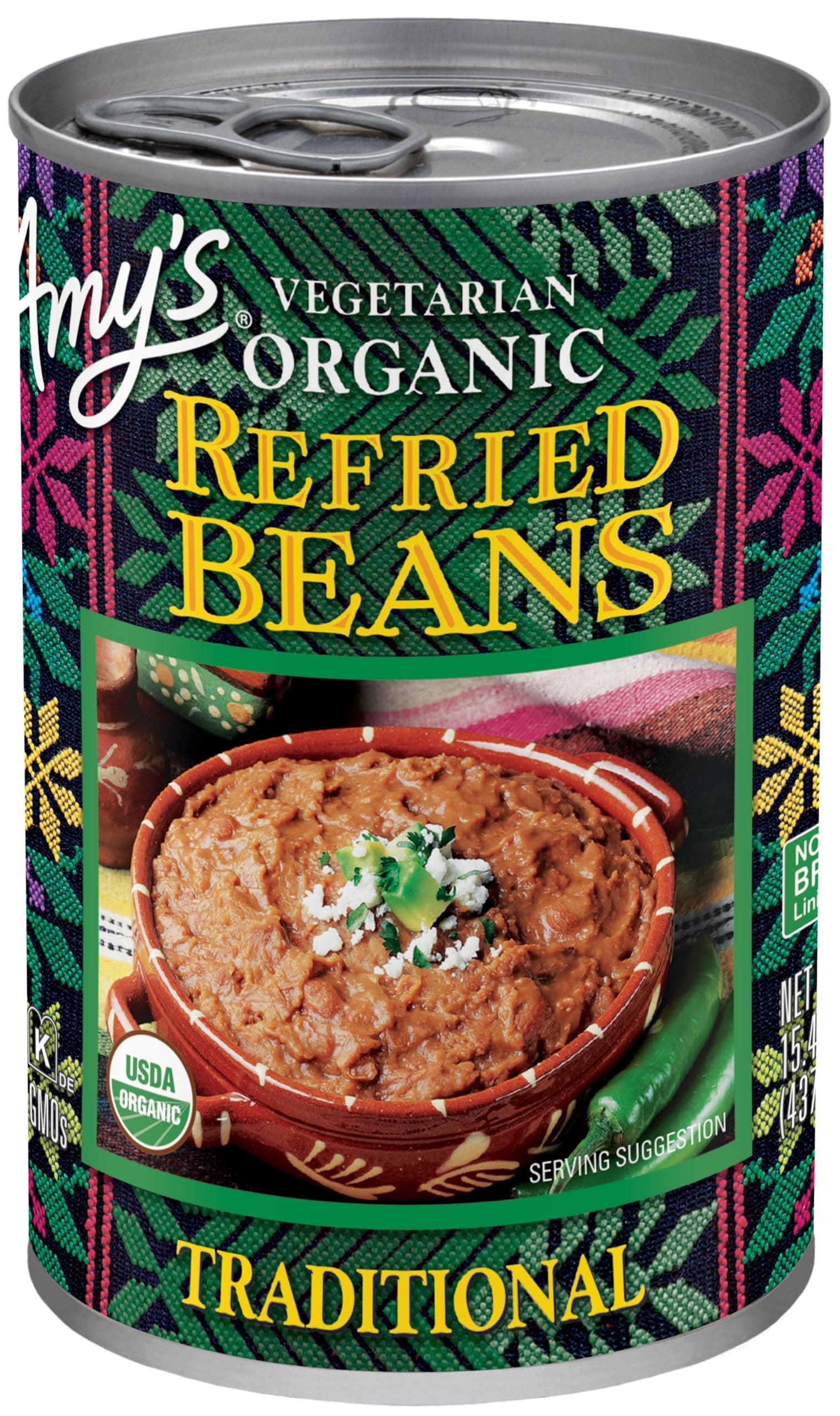 Amy's Organic Refried Beans Canned, Traditional Refried Beans, Vegan Gluten Free and Vegetarian, 15.4 Oz
